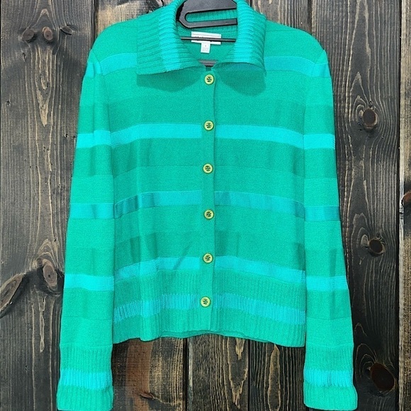 St John Cardigan Sweater Size S Button Front Wool Blend Green Striped Vtg Y2K - Picture 2 of 9